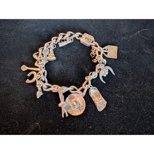 Sterling Silver Mexican Charm Bracelet 24 Charms Sombrero Huarache 6 Shooter Dog